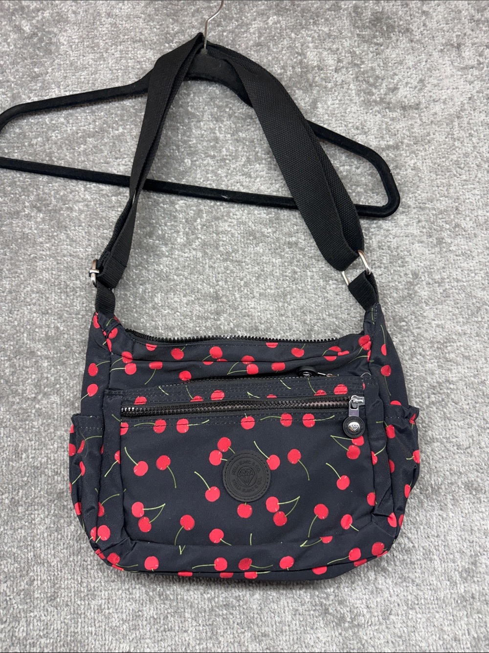 Stella Blanc & Co Cherry Print Shoulder Crossbody Bag Black Red Nylon Purse